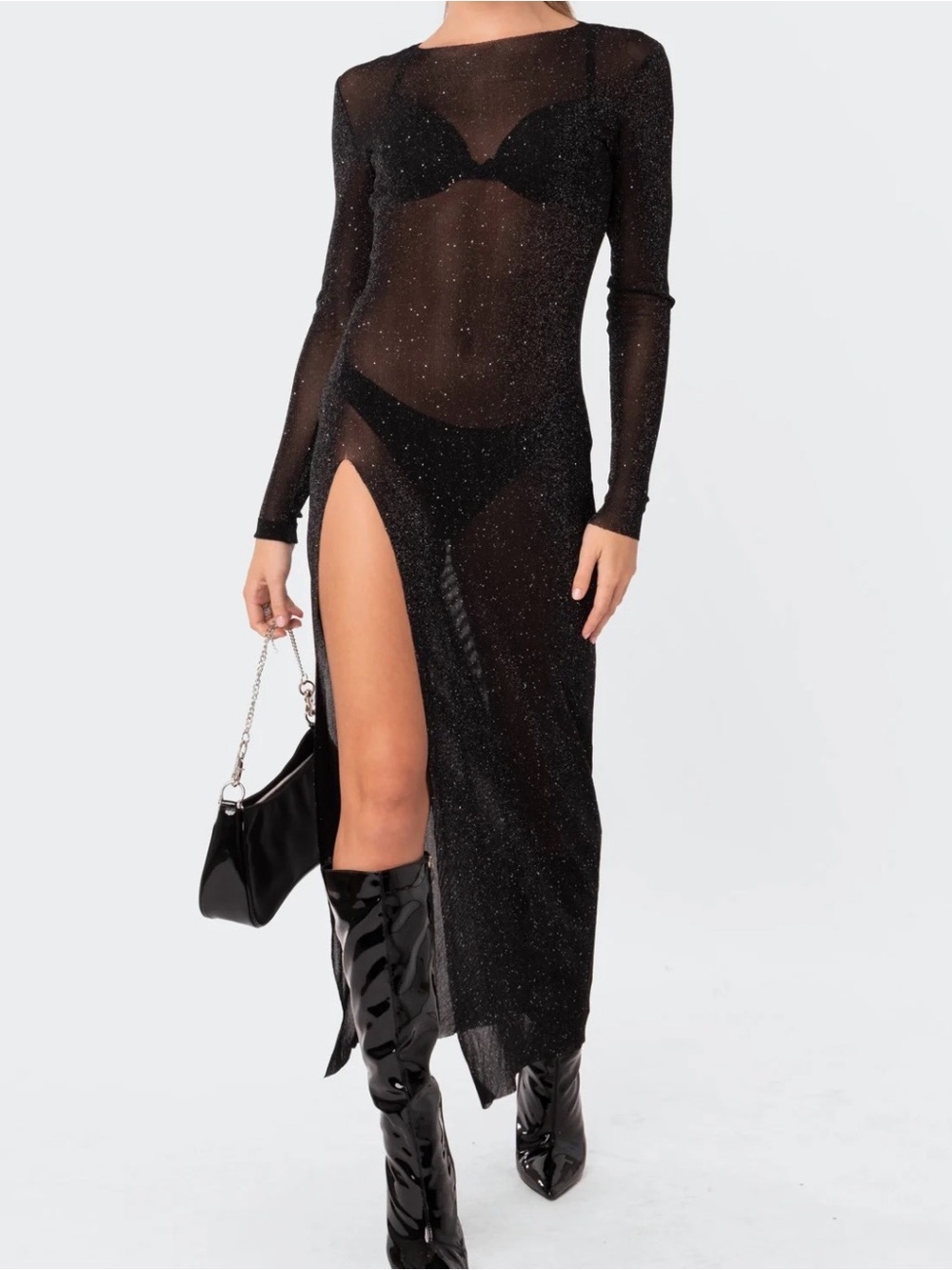 Glitter Mesh Slitted Maxi Dress